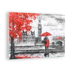 Tablou pe sticlă - Un cuplu sub o umbrelă roșie, cu Big Ben și copaci de toamnă în fundal. - 70x50cm - Îndrăgostit de Londra - Decorațiune modernă pentru perete pentru living și dormitor ARTTOR