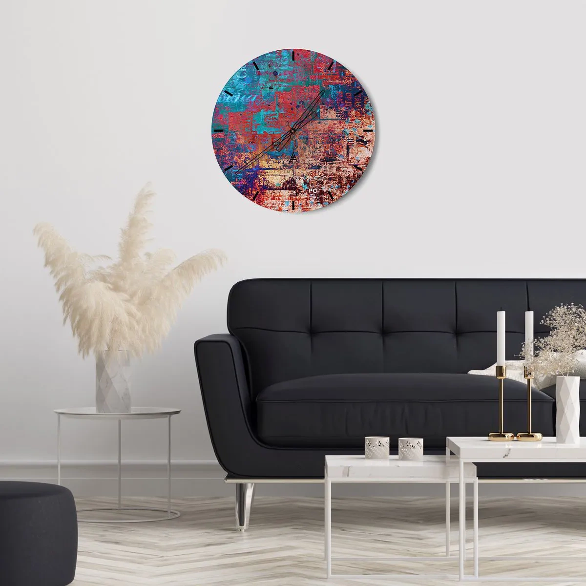 Ceas de perete - Ceas pe sticlă - compoziție abstractă în nuanțe intense de roșu și albastru. - 30x30cm - Memorie și uitare - Decorațiune modernă pentru perete pentru living, bucătărie și dormitor ARTTOR
