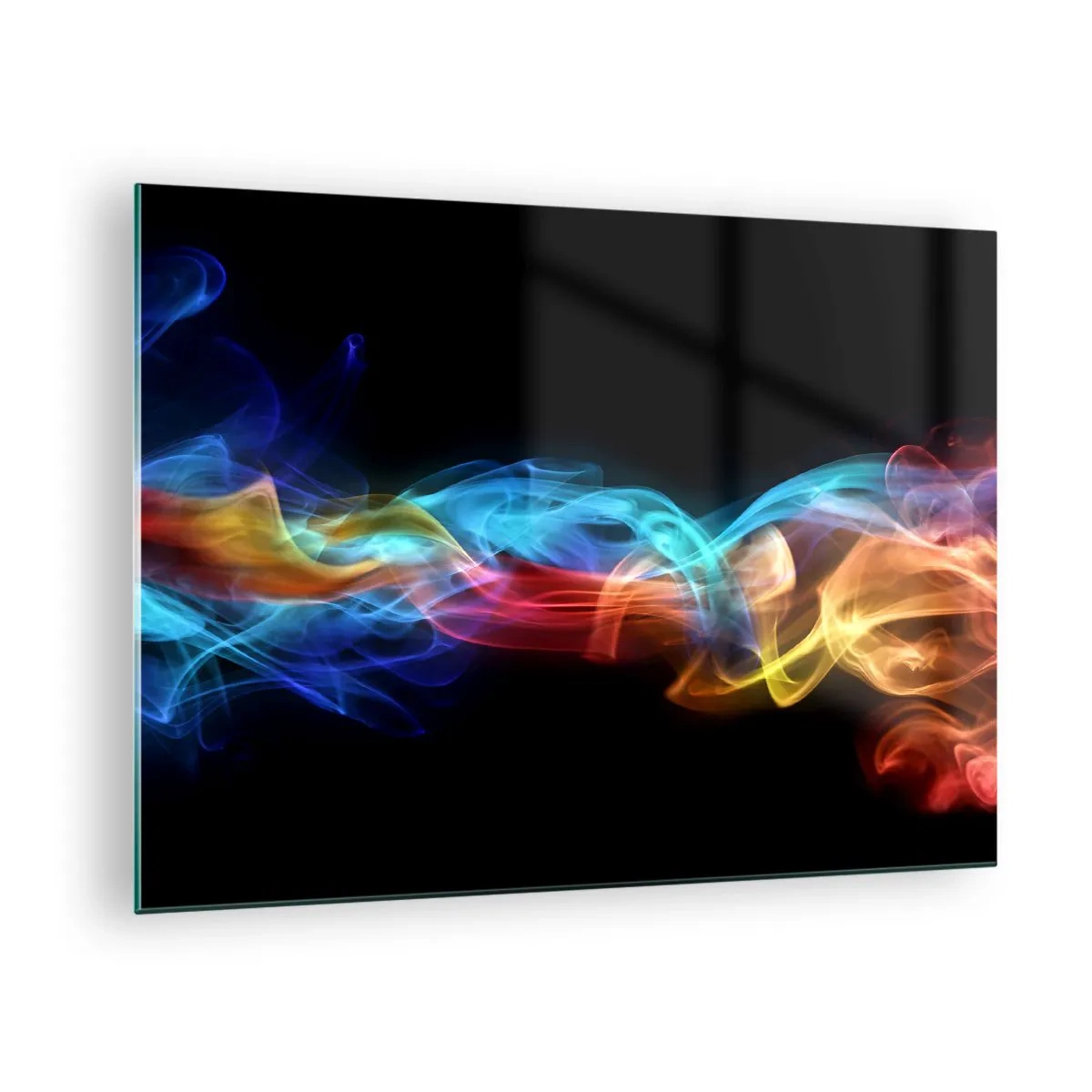 Tablou pe sticlă - Dâre colorate de fum pe un fundal negru creând un model abstract - 70x50cm - Dansul curcubeului în brumă - Decorațiune modernă pentru perete pentru living și dormitor ARTTOR