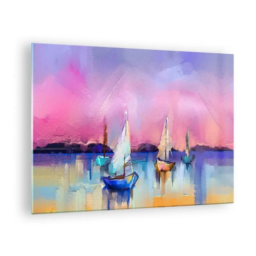 Tablou pe sticlă - Marina abstractă cu bărci cu pânze la apus - 70x50cm - Direcția: ape largi - Decorațiune modernă pentru perete pentru living și dormitor ARTTOR