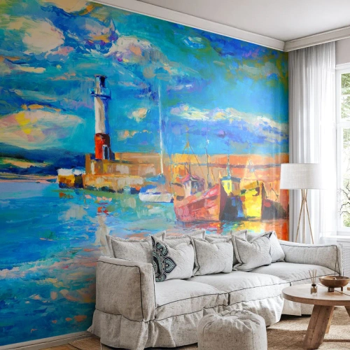 Tapet Premium Sand - După-amiază în golful de curcubeu - Portul Pescarilor, Barca de pescuit, Far - 250x175 cm