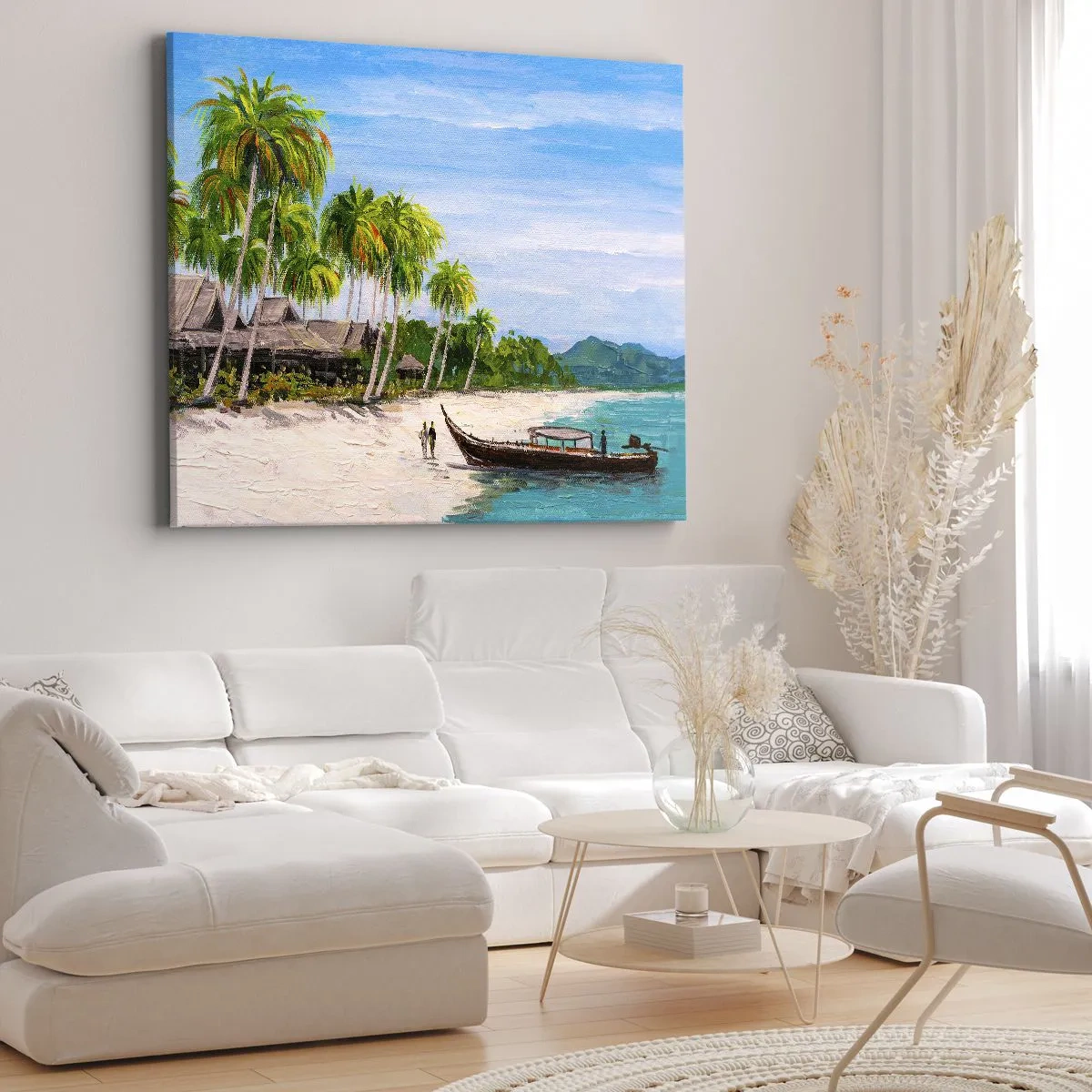 Tablou pe pânză Canvas - O plajă exotică cu palmieri și o barcă la țărm - 70x50cm - Un vis exotic - Decorațiune modernă pentru perete pentru living și dormitor ARTTOR