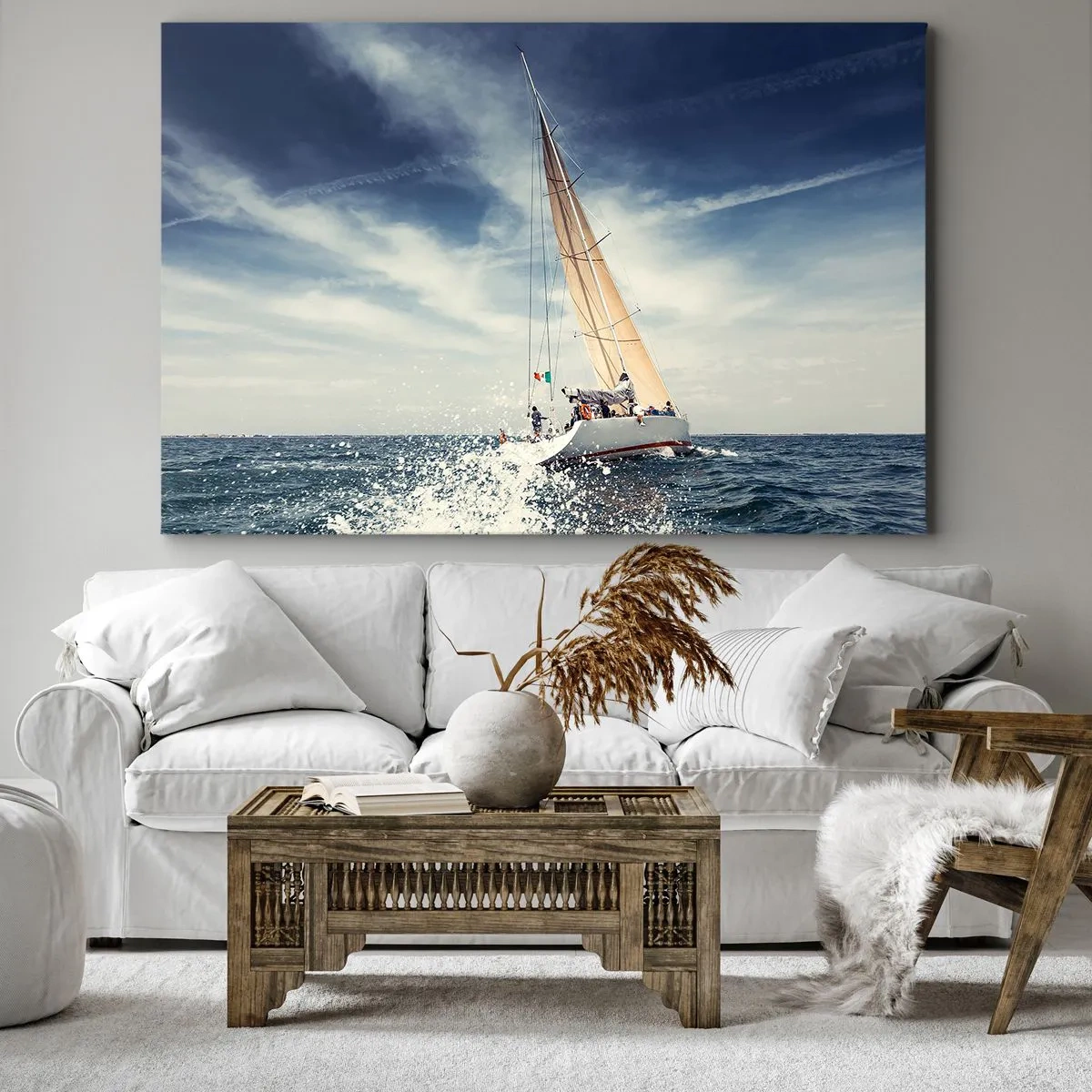 Tablou pe pânză Canvas - O barcă cu pânze pe o mare furtunoasă sub un cer albastru - 70x50cm - Nu ne vor prinde din urmă! - Decorațiune modernă pentru perete pentru living și dormitor ARTTOR