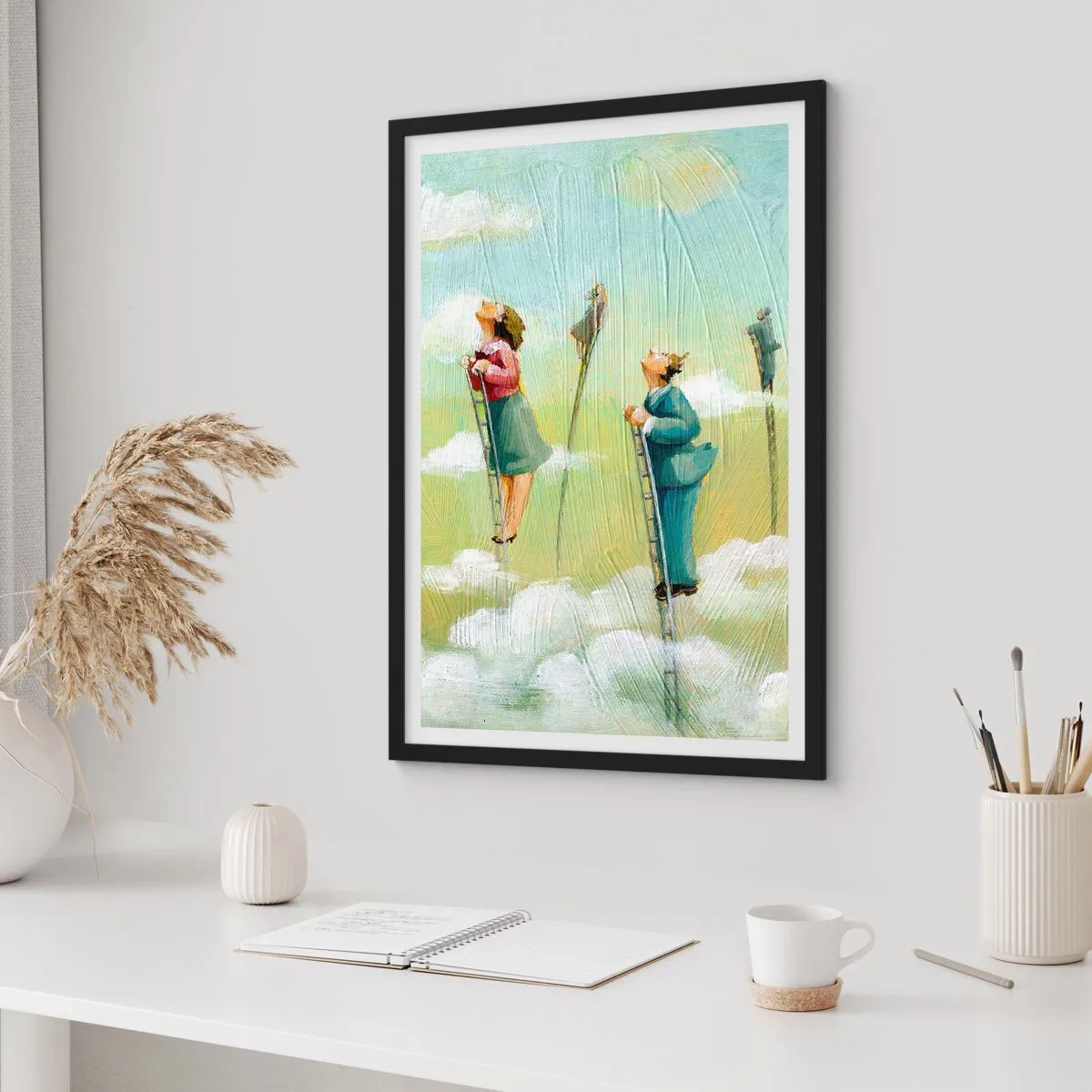 Poster în ramă neagră - Personaje urcând scări în nori - 50x70cm - Urmează-ți visul - Decorațiune modernă pentru perete pentru living și dormitor ARTTOR