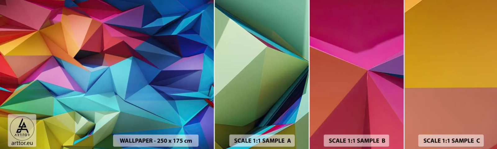 Mostră tapet autocolant Deluxe Sticker - Origami de curcubeu - Abstracția, 3D, Grafică - 100x30 cm