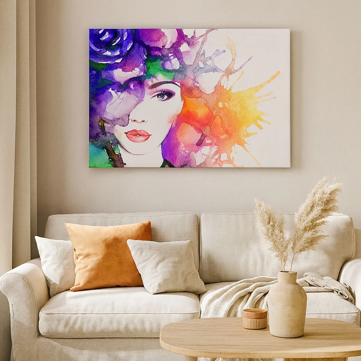 Tablou pe pânză Canvas - Portret de femeie în culori de acuarelă cu pete abstracte - 70x50cm - Cu capul în nori - Decorațiune modernă pentru perete pentru living și dormitor ARTTOR