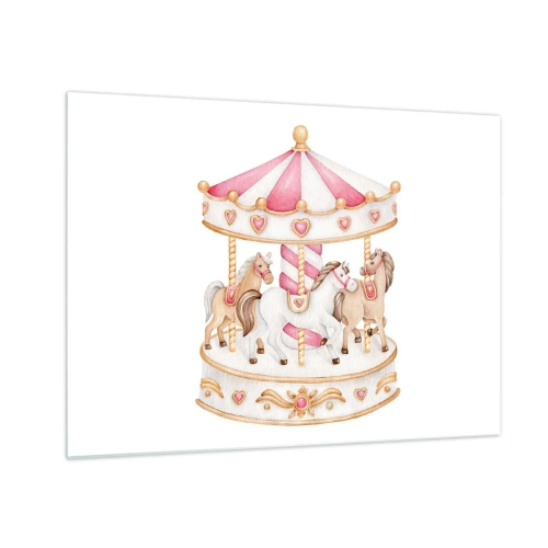 Tablou pe sticlă - Un carusel roz cu cai în stil pentru copii pe fundal alb - 70x50cm - Lumea dulce a copilăriei - Decorațiune modernă pentru perete pentru living și dormitor ARTTOR
