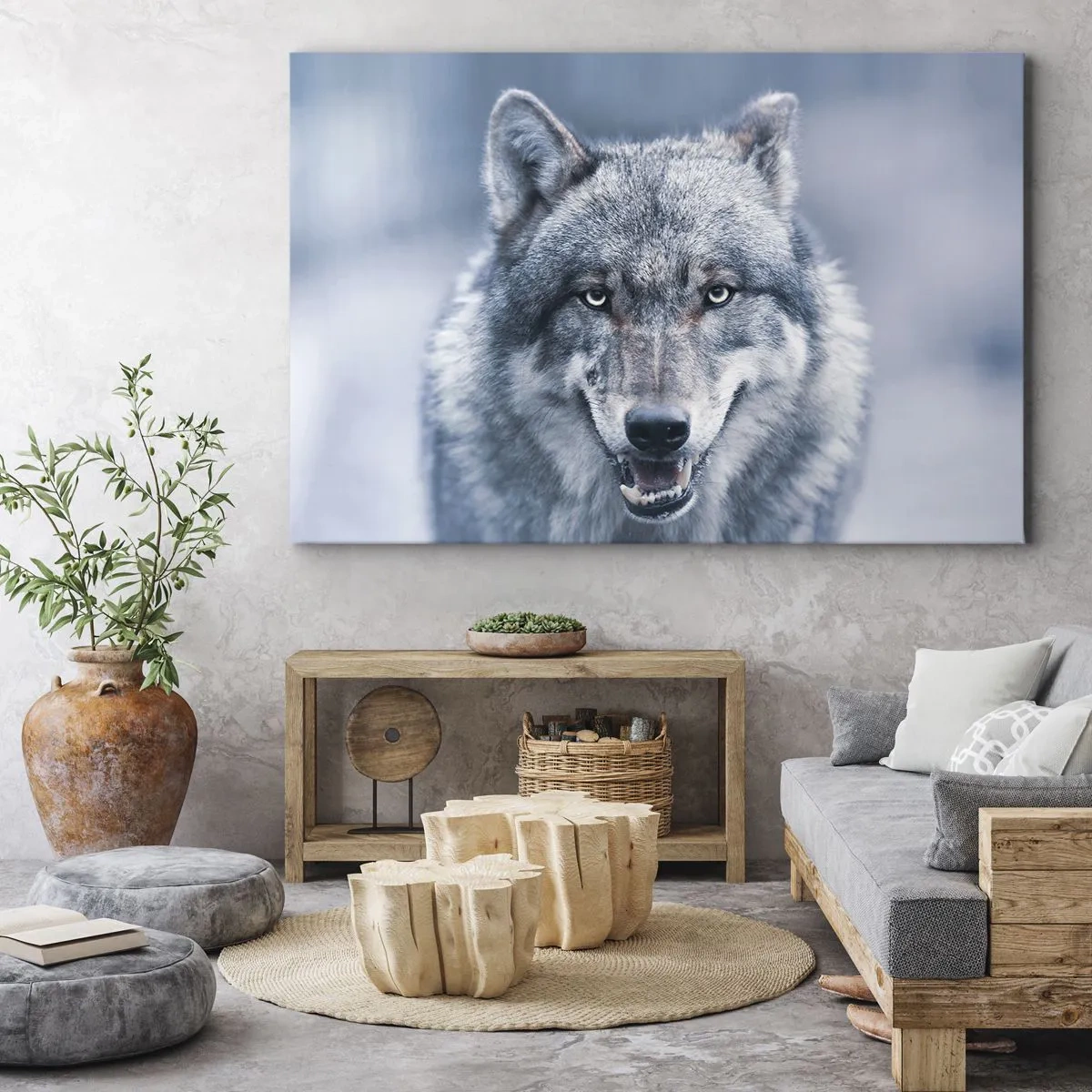 Tablou pe pânză Canvas - Un lup cu o privire intensă într-un peisaj de iarnă - 70x50cm - Accepți provocarea? - Decorațiune modernă pentru perete pentru living și dormitor ARTTOR