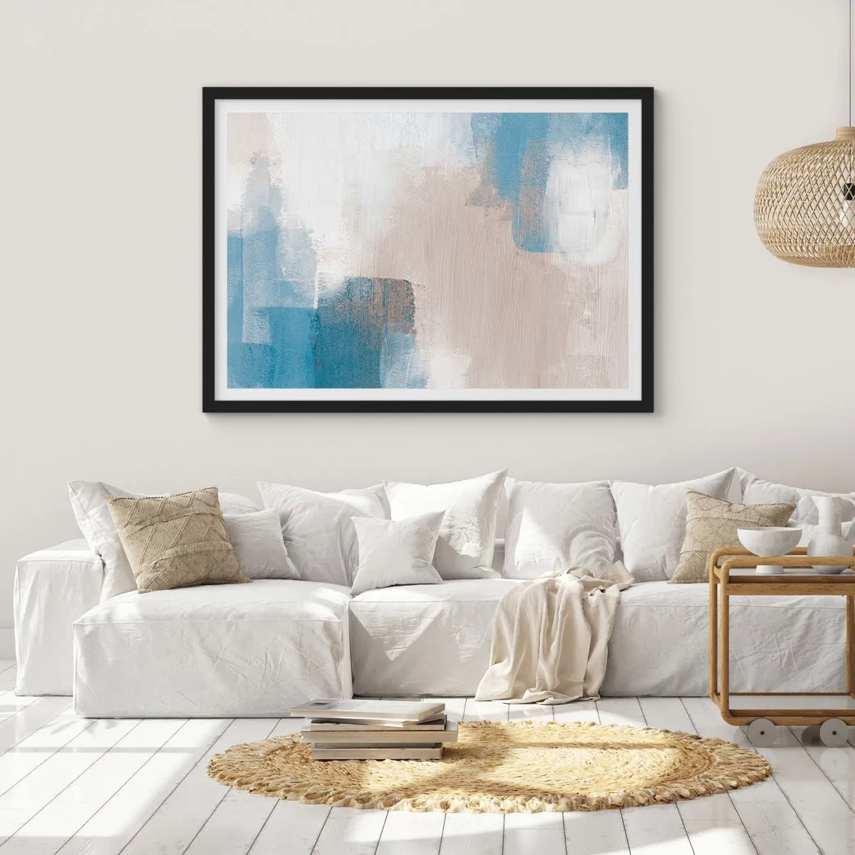 Poster în ramă neagră - Abstracție roz în spatele unui voal de albastru - 70x50 cm