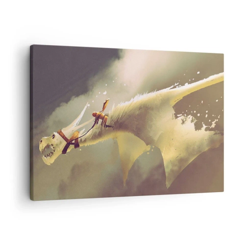 Tablou pe pânză Canvas - Ilustrație a unui călăreț de dragon într-un peisaj fantezist cu nori - 70x50cm - Salvăm lumea - Decorațiune modernă pentru perete pentru living și dormitor ARTTOR