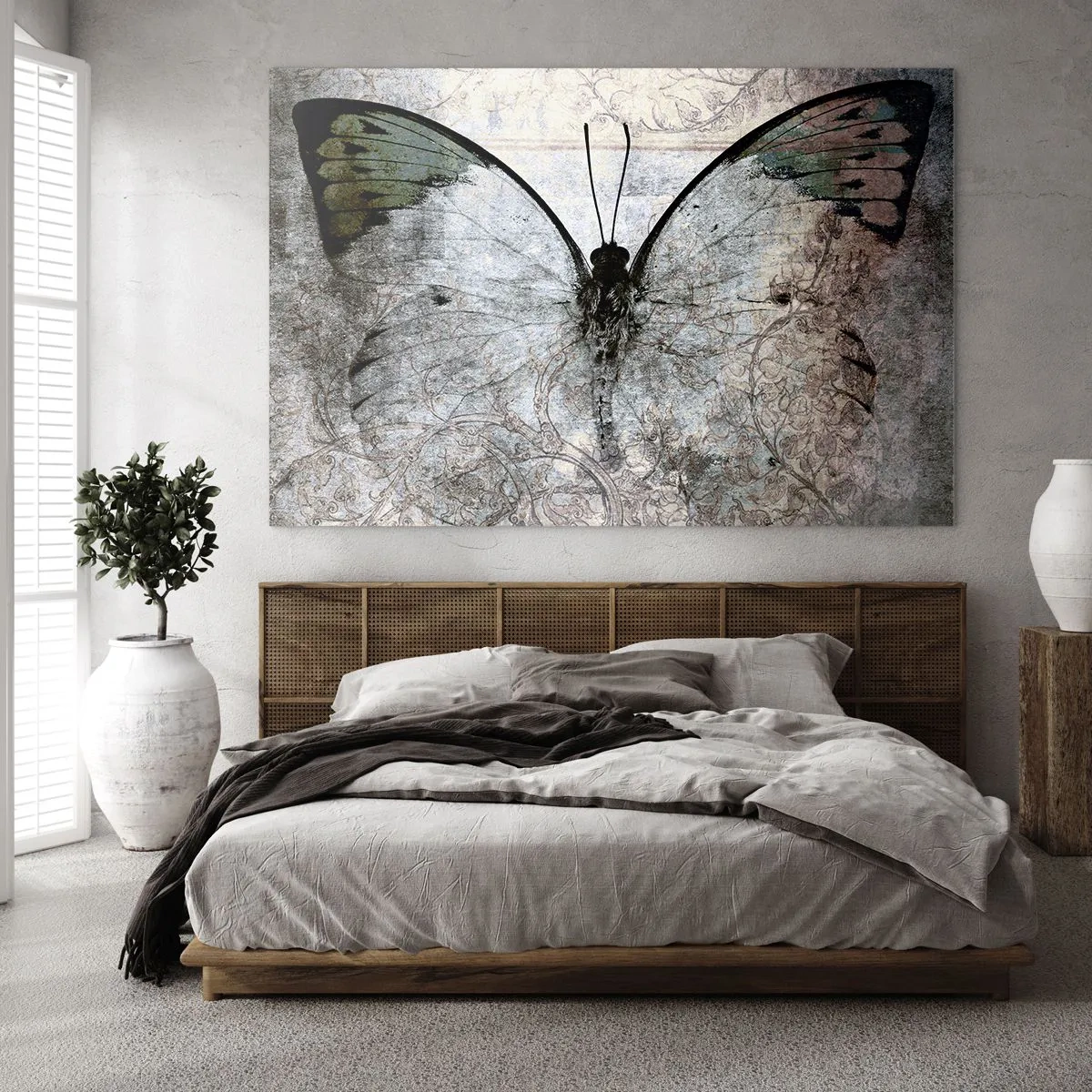 Tablou pe sticlă - Fluture abstract pe fundalul unui ornament vechi - 70x50cm - În decorul Art Nouveau - Decorațiune modernă pentru perete pentru living și dormitor ARTTOR