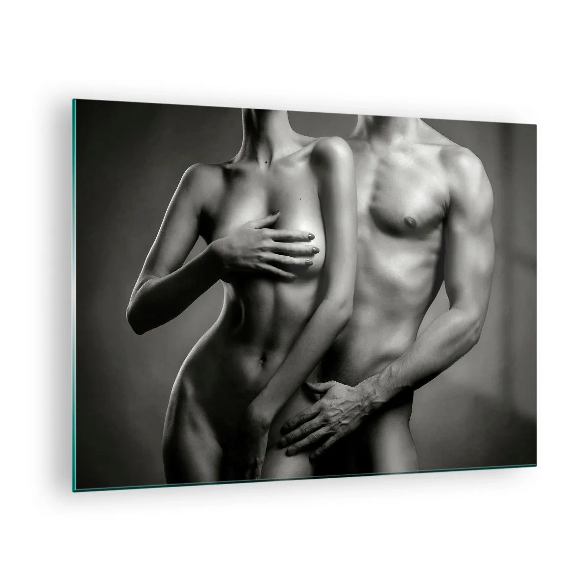 Tablou pe sticlă - Compoziție alb-negru cu siluete goale ale unui cuplu - 70x50cm - Adam și Eva - Decorațiune modernă pentru perete pentru living și dormitor ARTTOR