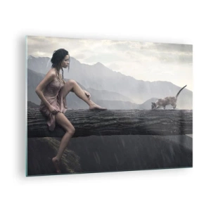 Tablou pe sticlă - O femeie și o pisică pe un buștean de lemn într-un peisaj ploios - 70x50cm - Vârfuri de frumusețe - Decorațiune modernă pentru perete pentru living și dormitor ARTTOR