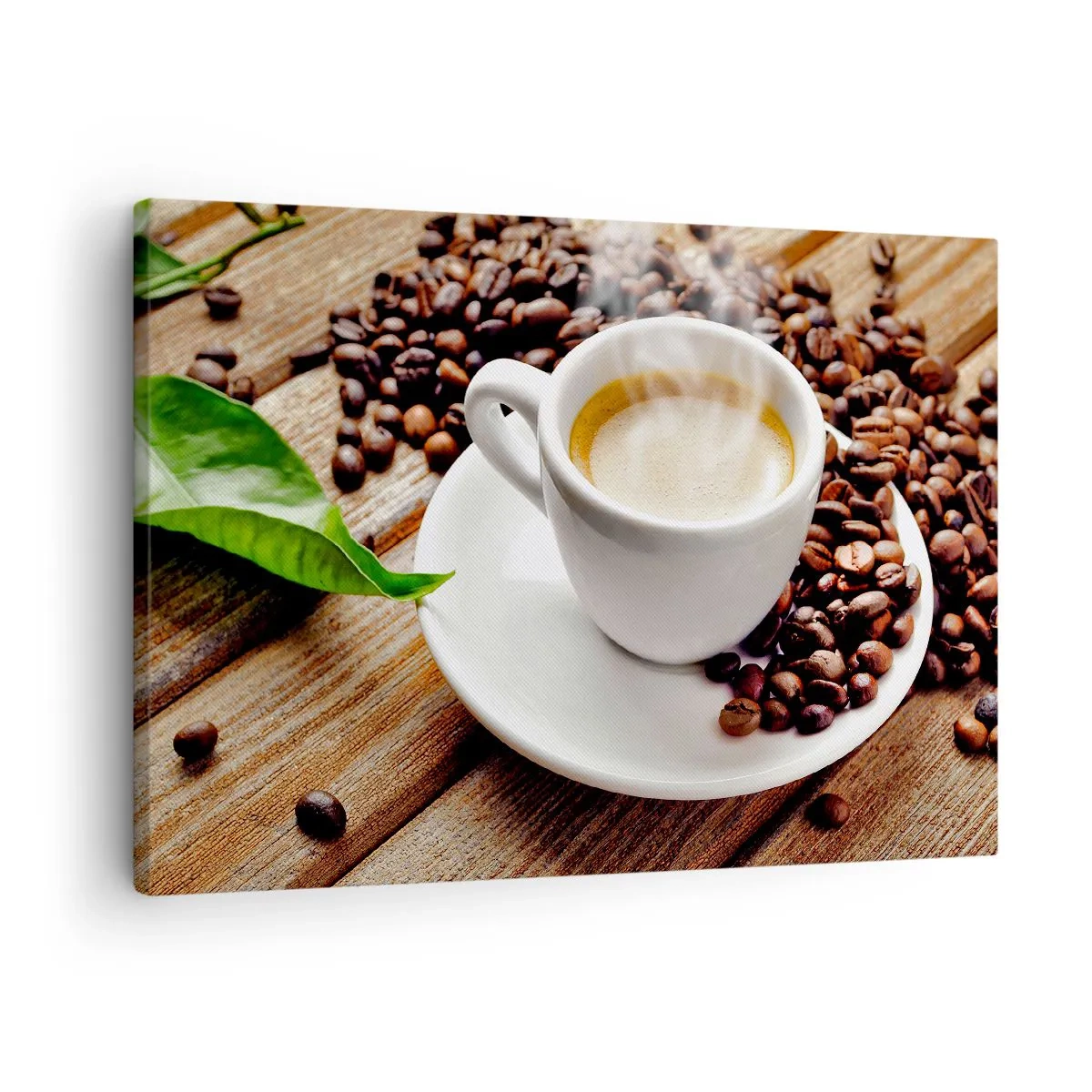 Tablou pe pânză Canvas - O ceașcă de cafea aromată pe fundalul boabelor și al unei frunze - 70x50cm - Cafea pe bancă - Decorațiune modernă pentru perete pentru living și dormitor ARTTOR