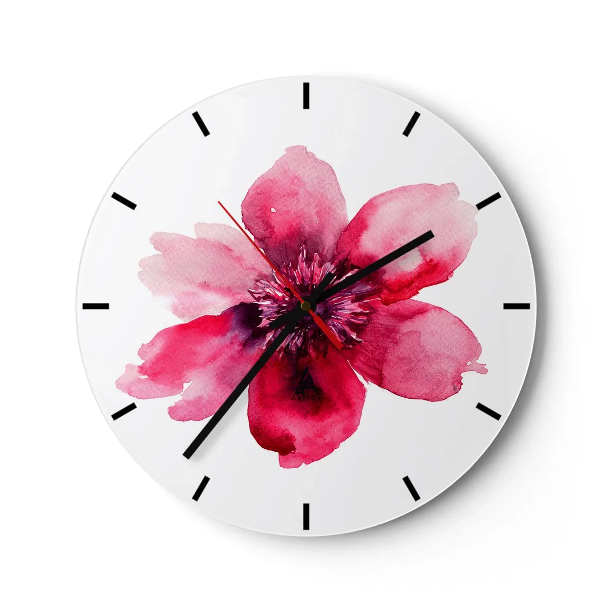 Ceas de perete - Ceas pe sticlă - Compoziție florală roșie în acuarelă - 30x30cm - Sărut parfumat de carmin - Decorațiune modernă pentru perete pentru living, bucătărie și dormitor ARTTOR