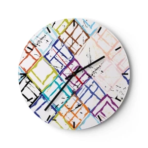 Ceas de perete - Ceas pe sticlă - Linii abstracte colorate care formează forme geometrice - 30x30cm - Ferestre și ferestruici - Decorațiune modernă pentru perete pentru living, bucătărie și dormitor ARTTOR