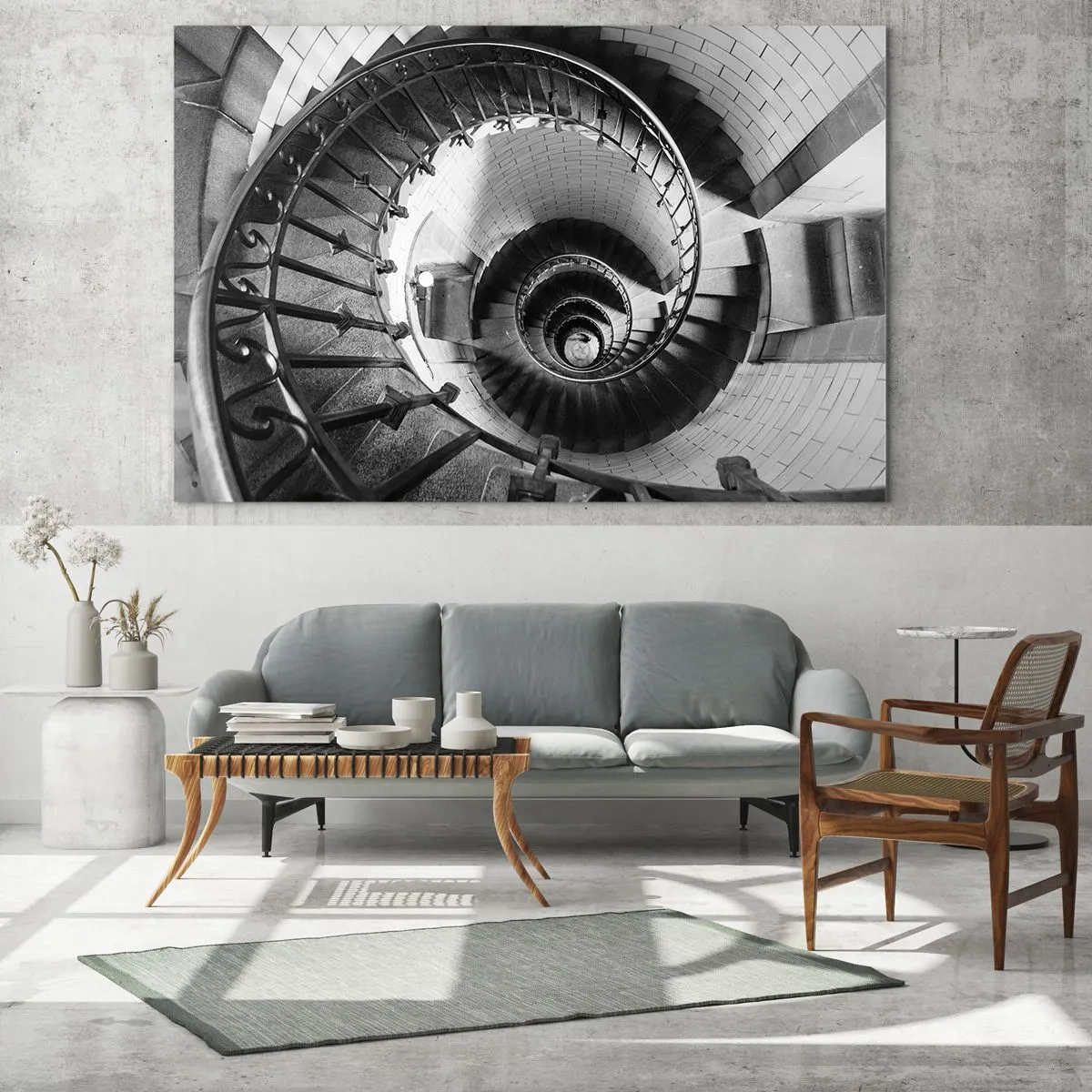 Tablou pe sticlă - Fotografie alb-negru a unei scări în spirală în perspectivă - 70x50cm - Din ce în ce mai sus - Decorațiune modernă pentru perete pentru living și dormitor ARTTOR