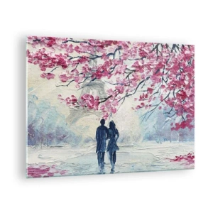 Tablou pe sticlă - Un cuplu se plimbă sub copaci înfloriți - 70x50cm - Plimbare romantică - Decorațiune modernă pentru perete pentru living și dormitor ARTTOR
