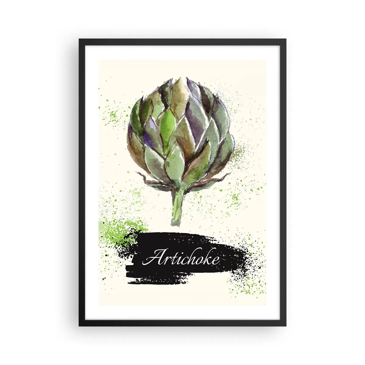 Poster în ramă neagră - Ilustrație în acuarelă a unei anghinare pe un fundal deschis - 50x70cm - Trăiască legumele! - Decorațiune modernă pentru perete pentru living și dormitor ARTTOR