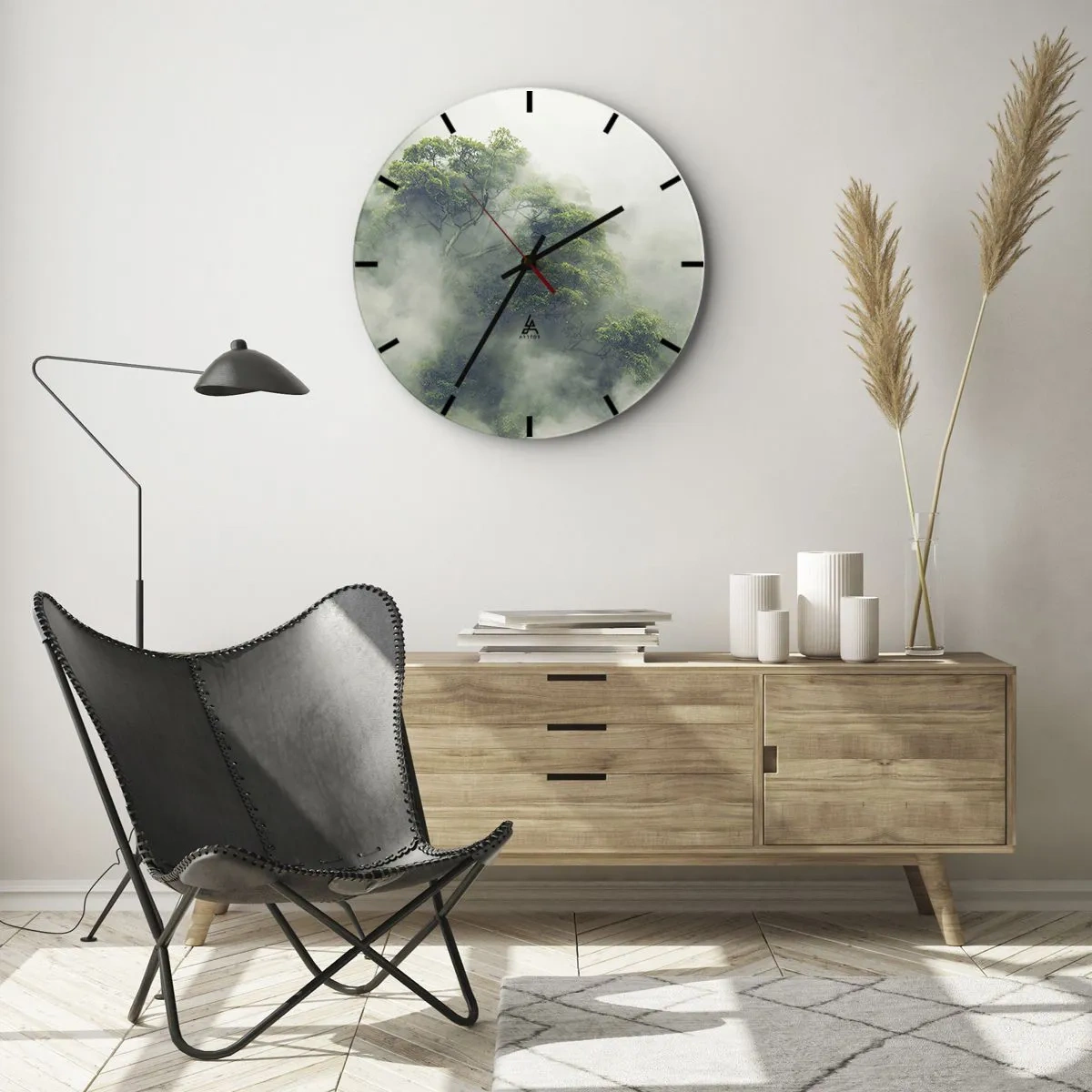 Ceas de perete - Ceas pe sticlă - Copaci verzi învăluiți într-o ceață misterioasă - 30x30cm - Înfășurate în ceață - Decorațiune modernă pentru perete pentru living, bucătărie și dormitor ARTTOR