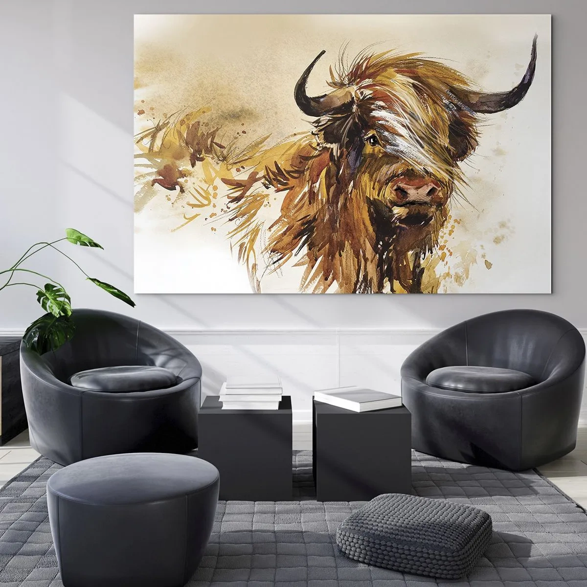 Tablou pe sticlă - Ilustrație în acuarelă a unui taur scoțian cu păr lung - 70x50cm - Mândria vânătorului - Decorațiune modernă pentru perete pentru living și dormitor ARTTOR