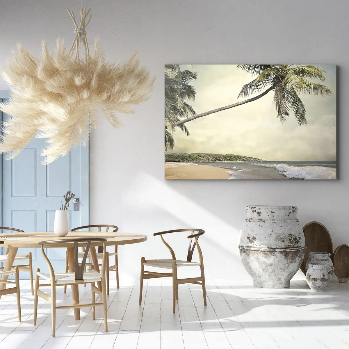 Tablou pe pânză Canvas - O plajă cu palmieri pe fundalul unei mări calme - 70x50cm - Vis tropical - Decorațiune modernă pentru perete pentru living și dormitor ARTTOR