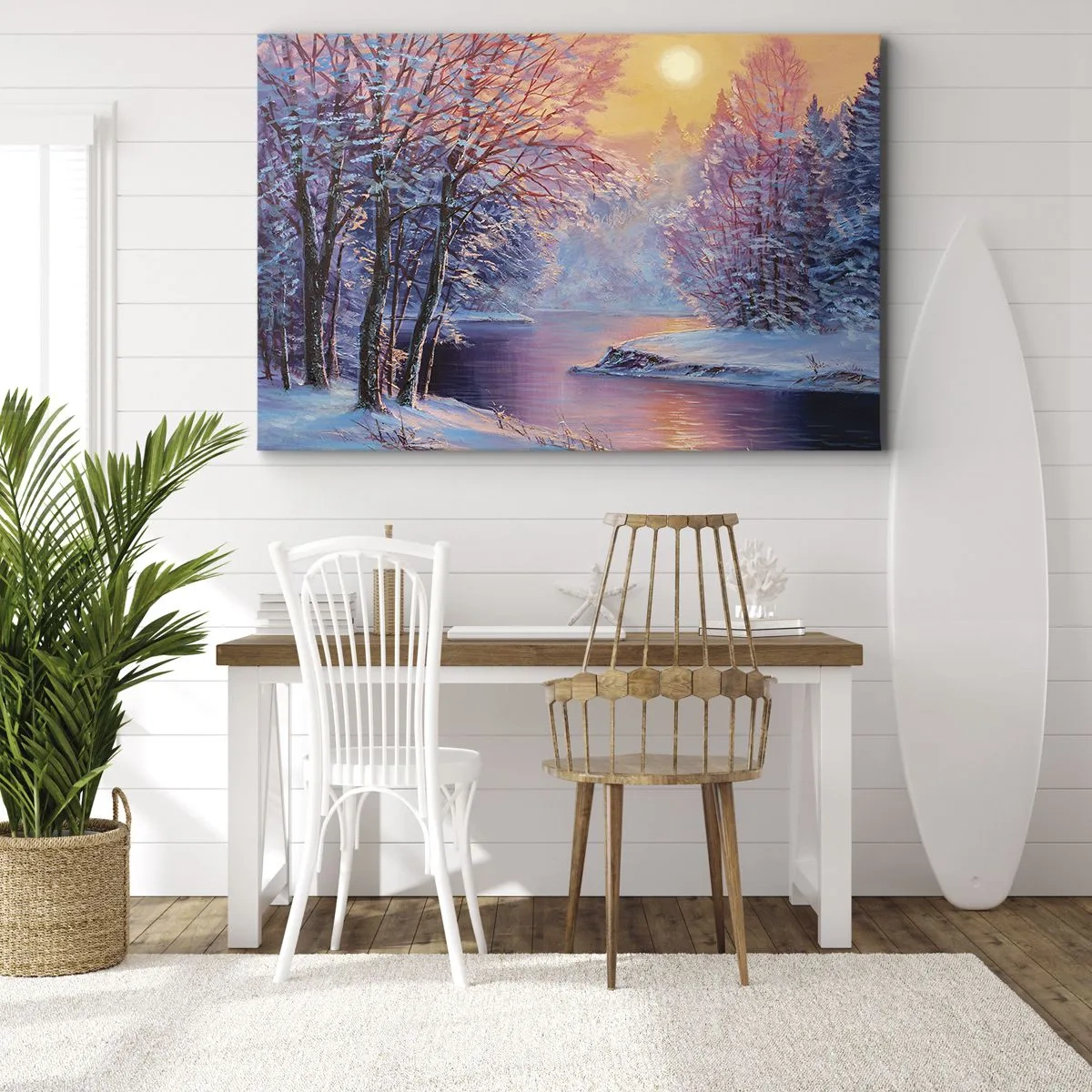 Tablou pe pânză Canvas - Peisaj de iarnă cu râu și copaci la răsărit - 70x50cm - Culorile iernii - Decorațiune modernă pentru perete pentru living și dormitor ARTTOR