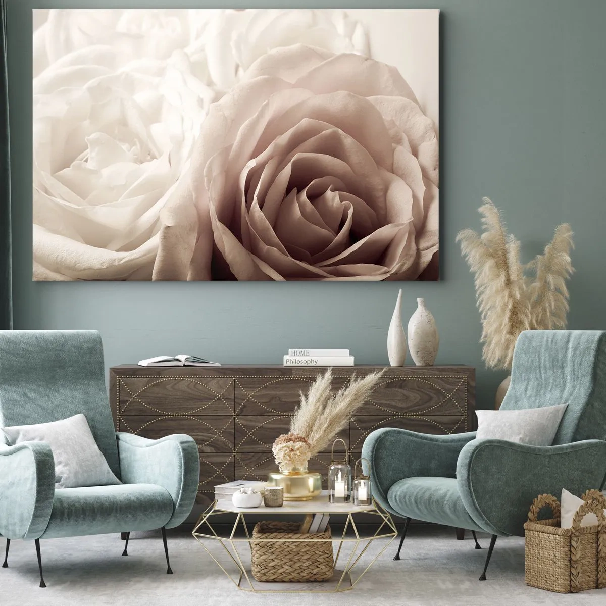 Tablou pe pânză Canvas - Trandafiri delicați în nuanțe pastelate de bej - 70x50cm - În inima unui trandafir - Decorațiune modernă pentru perete pentru living și dormitor ARTTOR