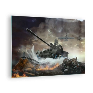 Tablou pe sticlă - Un tanc în acțiune pe fundalul unui câmp de luptă dramatic. - 70x50cm - Bătălia este teribilă și frumoasă - Decorațiune modernă pentru perete pentru living și dormitor ARTTOR
