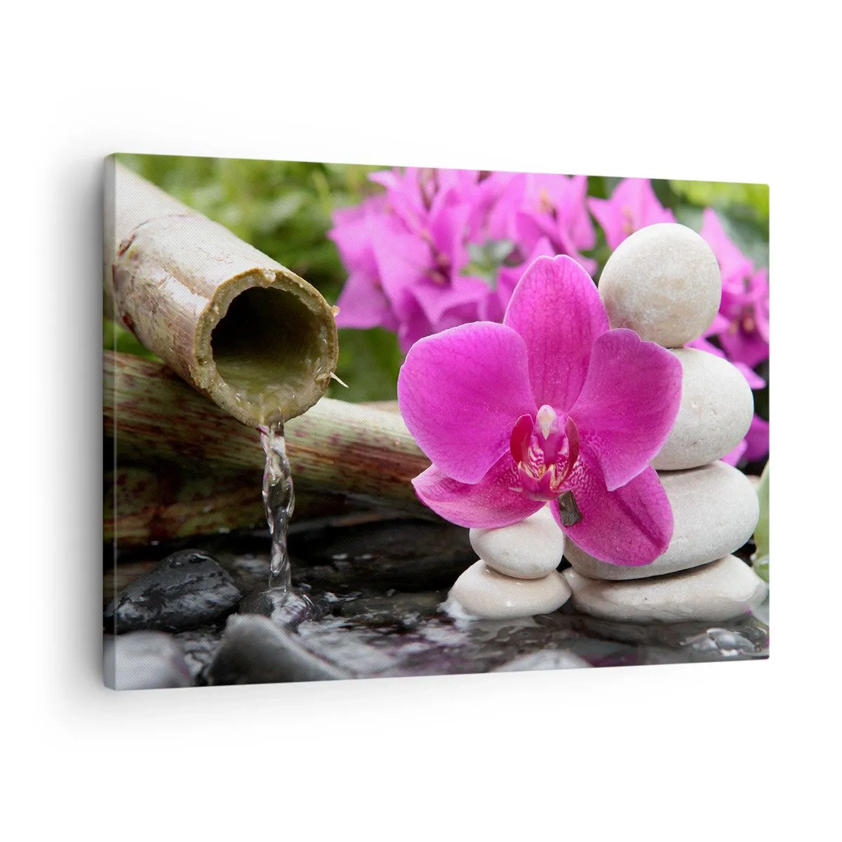 Tablou pe pânză Canvas - Orhidee violetă, pietre și bambus cu apă într-un cadru relaxant - 70x50cm - Te odihnești deja - Decorațiune modernă pentru perete pentru living și dormitor ARTTOR