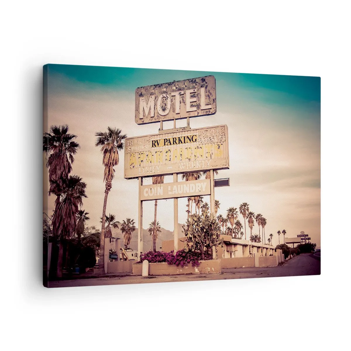 Tablou pe pânză Canvas - Semn retro de motel înconjurat de palmieri - 70x50cm - Timpul s-a oprit aici - Decorațiune modernă pentru perete pentru living și dormitor ARTTOR
