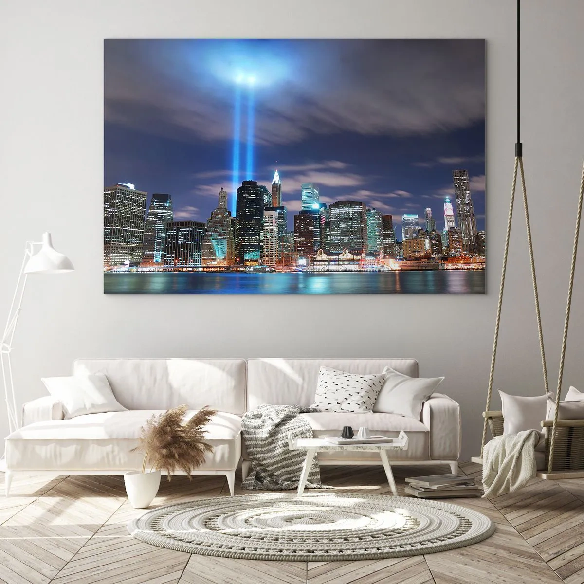 Tablou pe sticlă - Panoramă de seară a orașului cu reflectoare - 70x50cm - Întinde-te spre cer cu lumină - Decorațiune modernă pentru perete pentru living și dormitor ARTTOR
