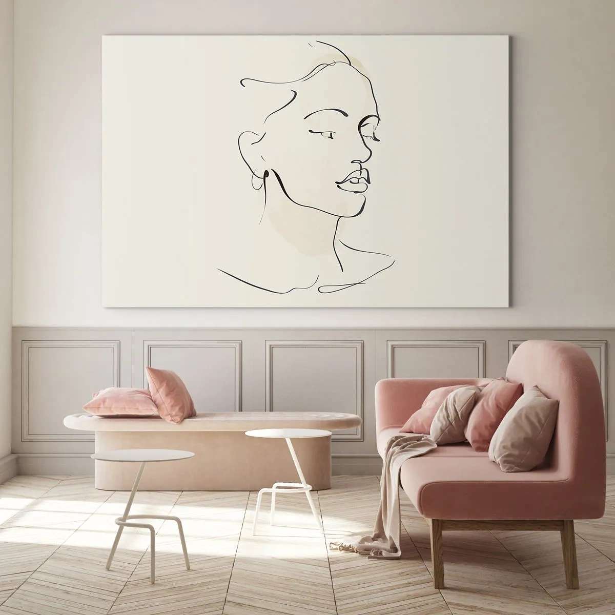 Tablou pe sticlă - Un portret feminin liniar pe un fundal deschis cu umbre delicate. - 70x50cm - Cu o linie sigură - Decorațiune modernă pentru perete pentru living și dormitor ARTTOR