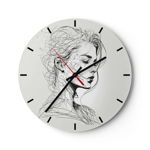 Ceas de perete - Ceas pe sticlă - Schiță alb-negru a feței unei femei gânditoare - 30x30cm - Desenată cu linii - Decorațiune modernă pentru perete pentru living, bucătărie și dormitor ARTTOR