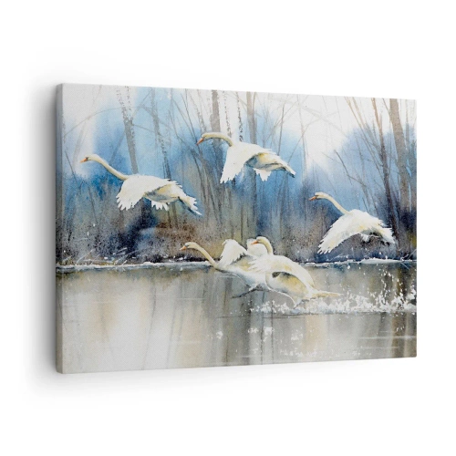Tablou pe pânză Canvas - Lebede în zbor peste un lac înghețat într-un peisaj de iarnă - 70x50cm - Dansând cu lebedele sălbatice - Decorațiune modernă pentru perete pentru living și dormitor ARTTOR