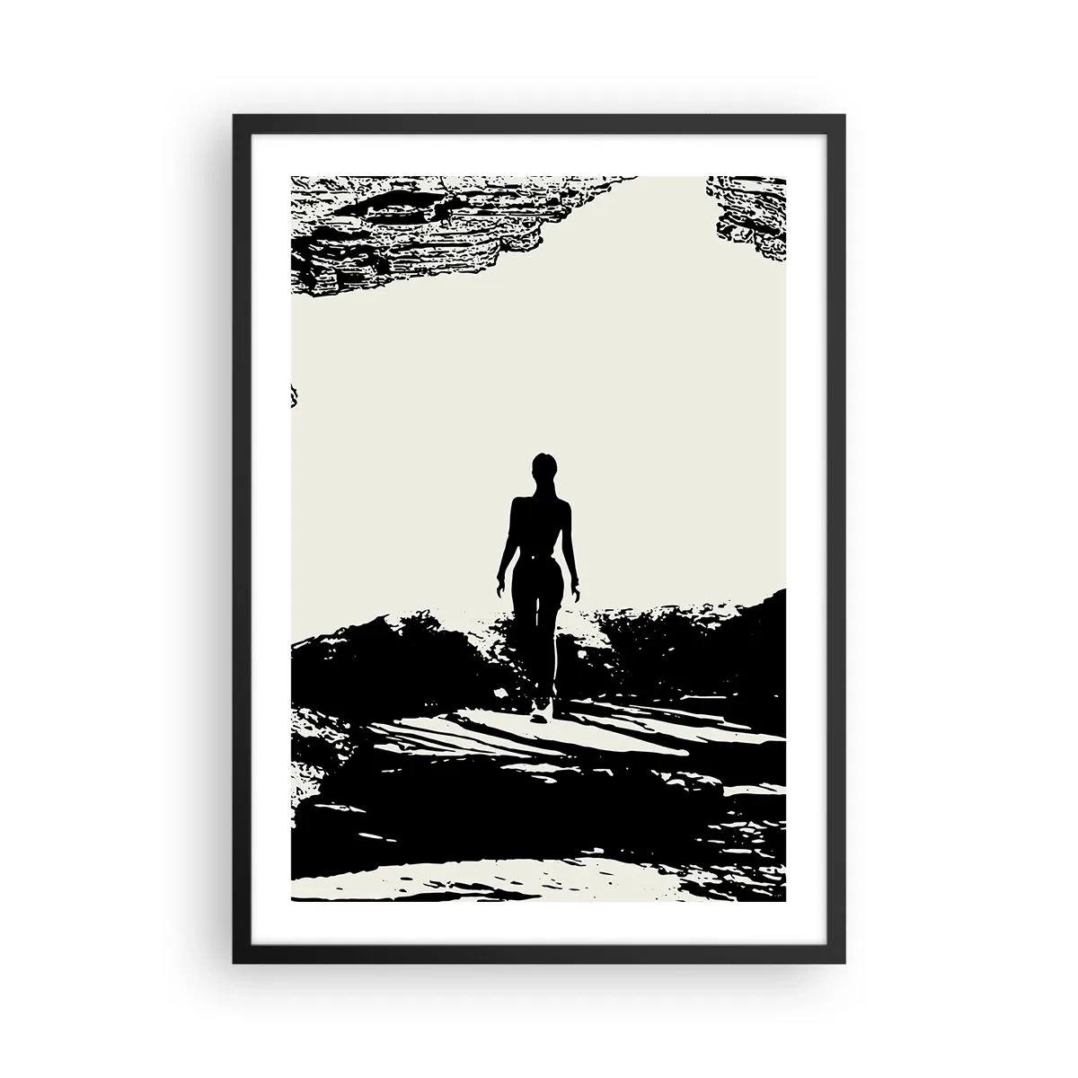 Poster în ramă neagră - Silueta unei femei care iese dintr-o peșteră într-un stil contrastant - 50x70cm - O nouă înfățișare - Decorațiune modernă pentru perete pentru living și dormitor ARTTOR