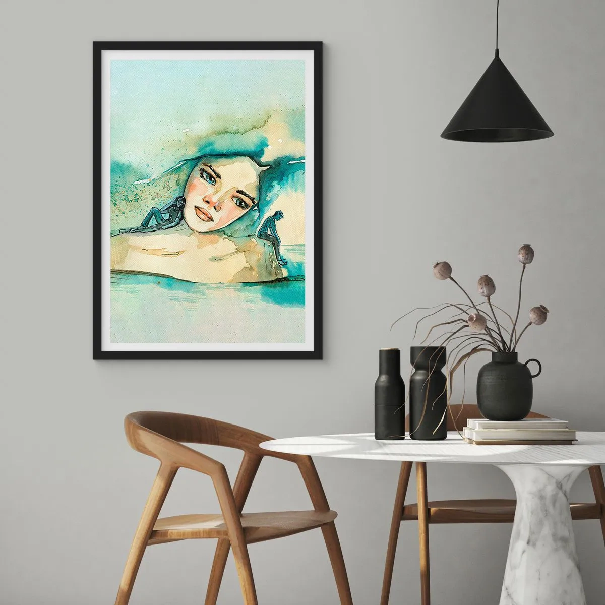 Poster în ramă neagră - Portretul unei femei într-un stil artistic de acuarelă - 50x70cm - Am I blue? - Decorațiune modernă pentru perete pentru living și dormitor ARTTOR