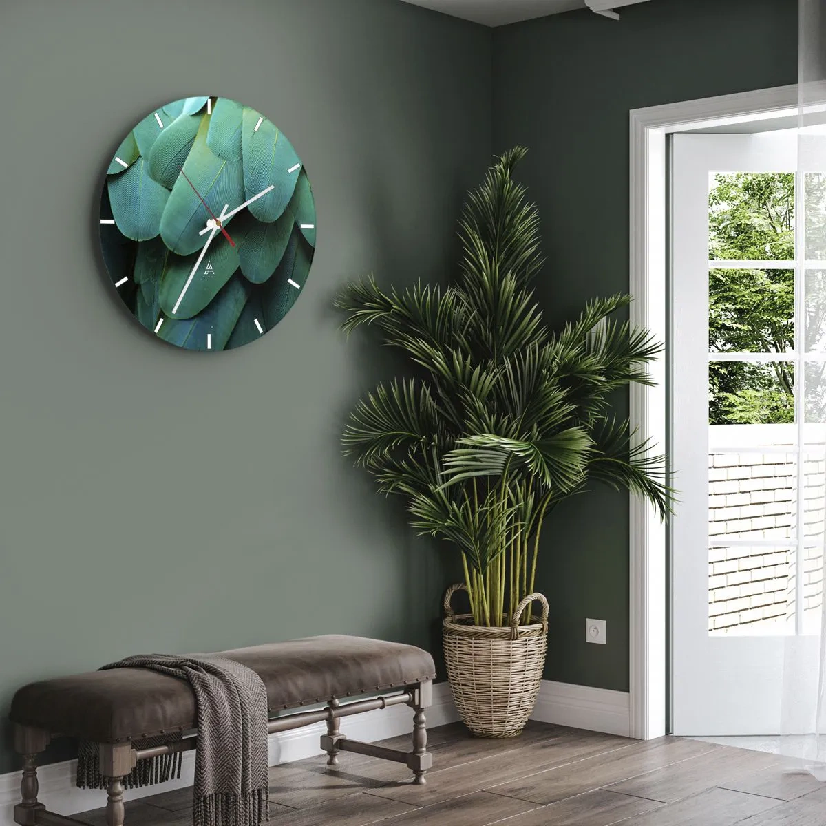 Ceas de perete - Ceas pe sticlă - Prim-plan al penelor verzi ale unei păsări exotice - 30x30cm - Precizia naturii papagalicești - Decorațiune modernă pentru perete pentru living, bucătărie și dormitor ARTTOR