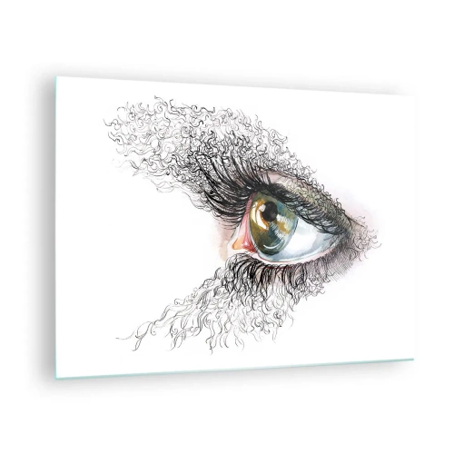 Tablou pe sticlă - Un ochi auriu înconjurat de linii dinamice și detalii abstracte - 70x50cm - Privește direct în suflet - Decorațiune modernă pentru perete pentru living și dormitor ARTTOR