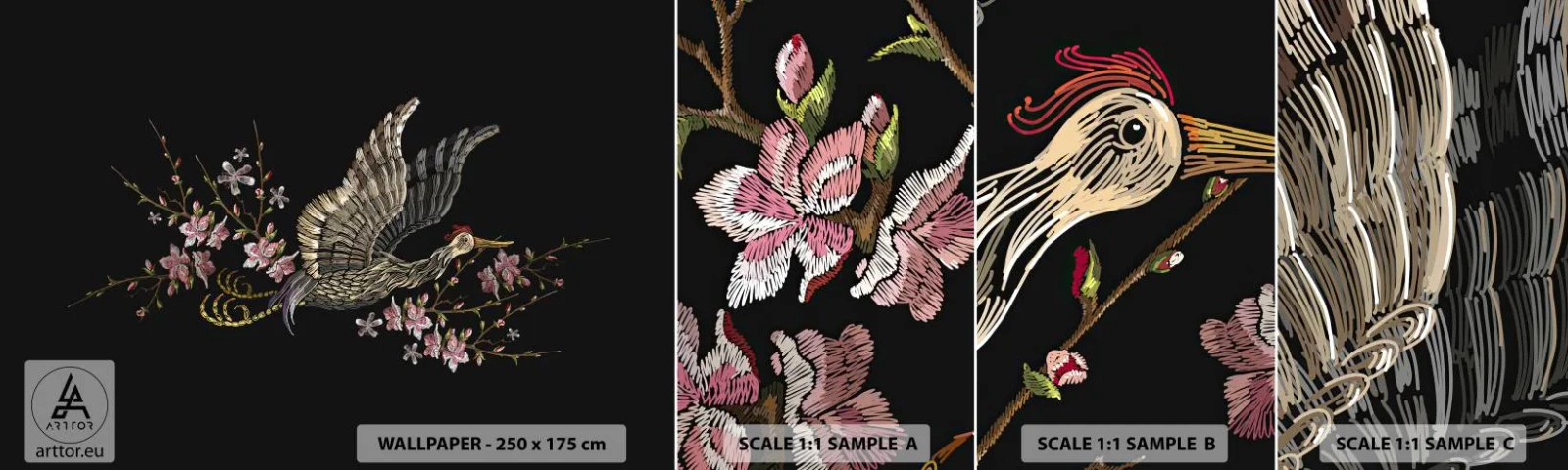 Mostră de Tapet Standard Eco - Pasăre exotică brodată - Pasăre, Grafică, Flori - 100x30 cm