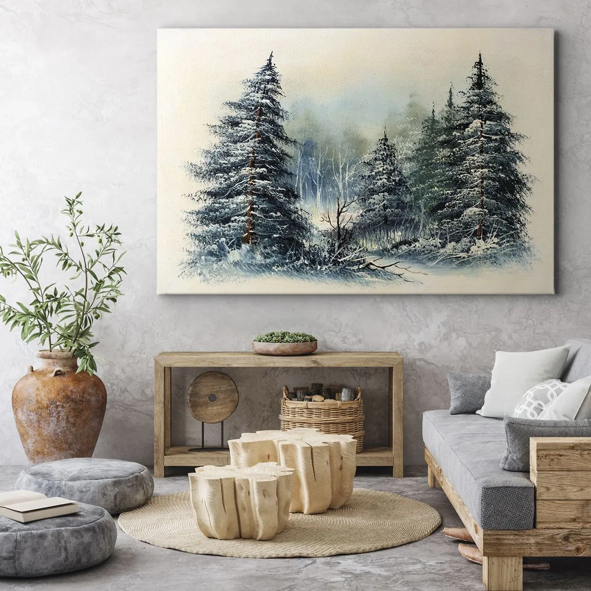 Tablou pe pânză Canvas - Peisaj de iarnă cu copaci acoperiți de zăpadă - 70x50cm - Gata pentru Crăciun - Decorațiune modernă pentru perete pentru living și dormitor ARTTOR