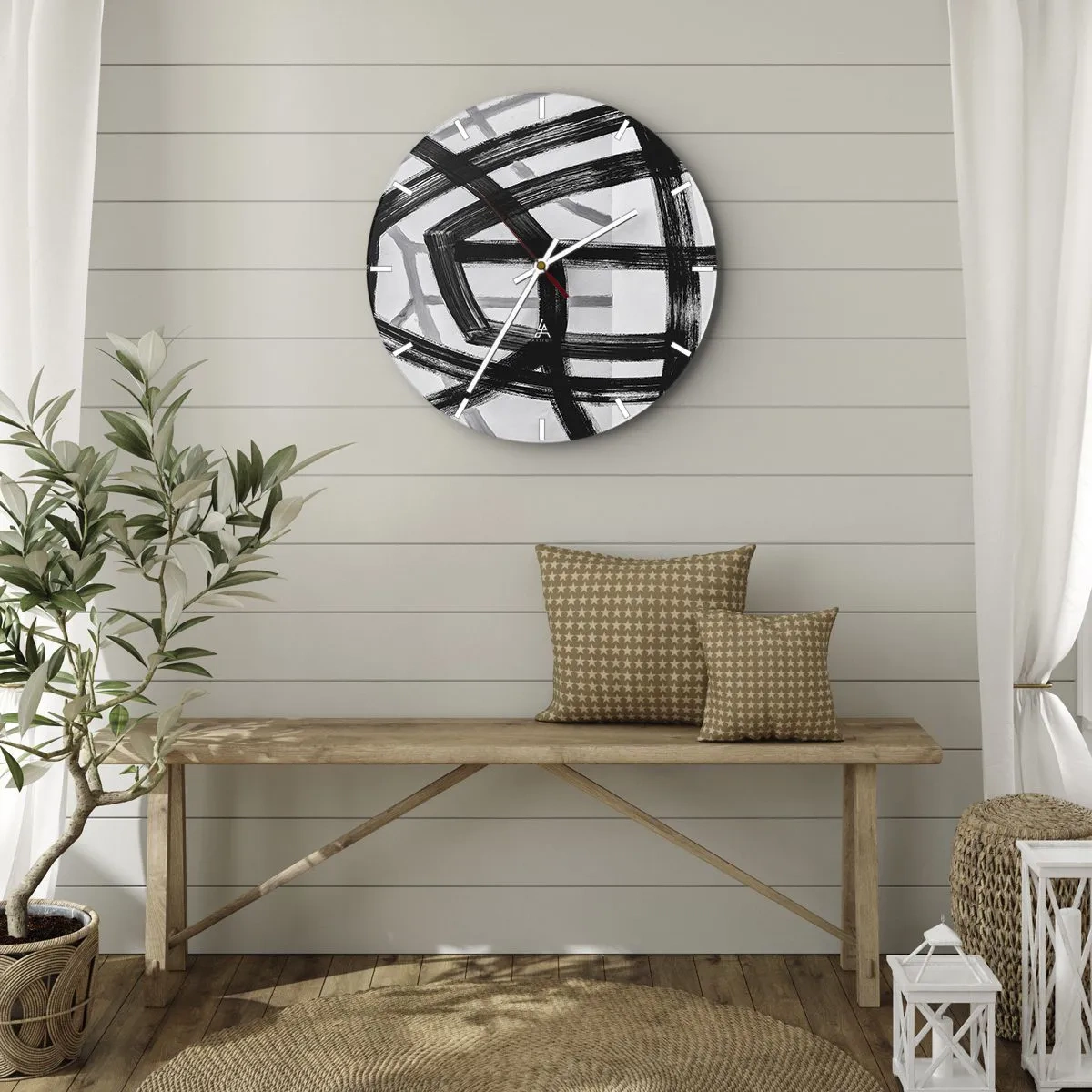 Ceas de perete - Ceas pe sticlă - Tușe dinamice negre de pensulă care creează modele tridimensionale - 30x30cm - Construind adâncimea - Decorațiune modernă pentru perete pentru living, bucătărie și dormitor ARTTOR