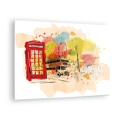 Tablou pe sticlă - O cabină telefonică roșie, un autobuz cu etaj și Big Ben - 70x50cm - Orașul varietăților - Decorațiune modernă pentru perete pentru living și dormitor ARTTOR