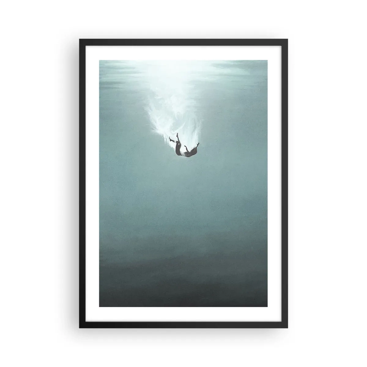Poster în ramă neagră - Silueta unui bărbat care cade în adâncul apei - 50x70cm - În îmbrățișarea oceanului - Decorațiune modernă pentru perete pentru living și dormitor ARTTOR