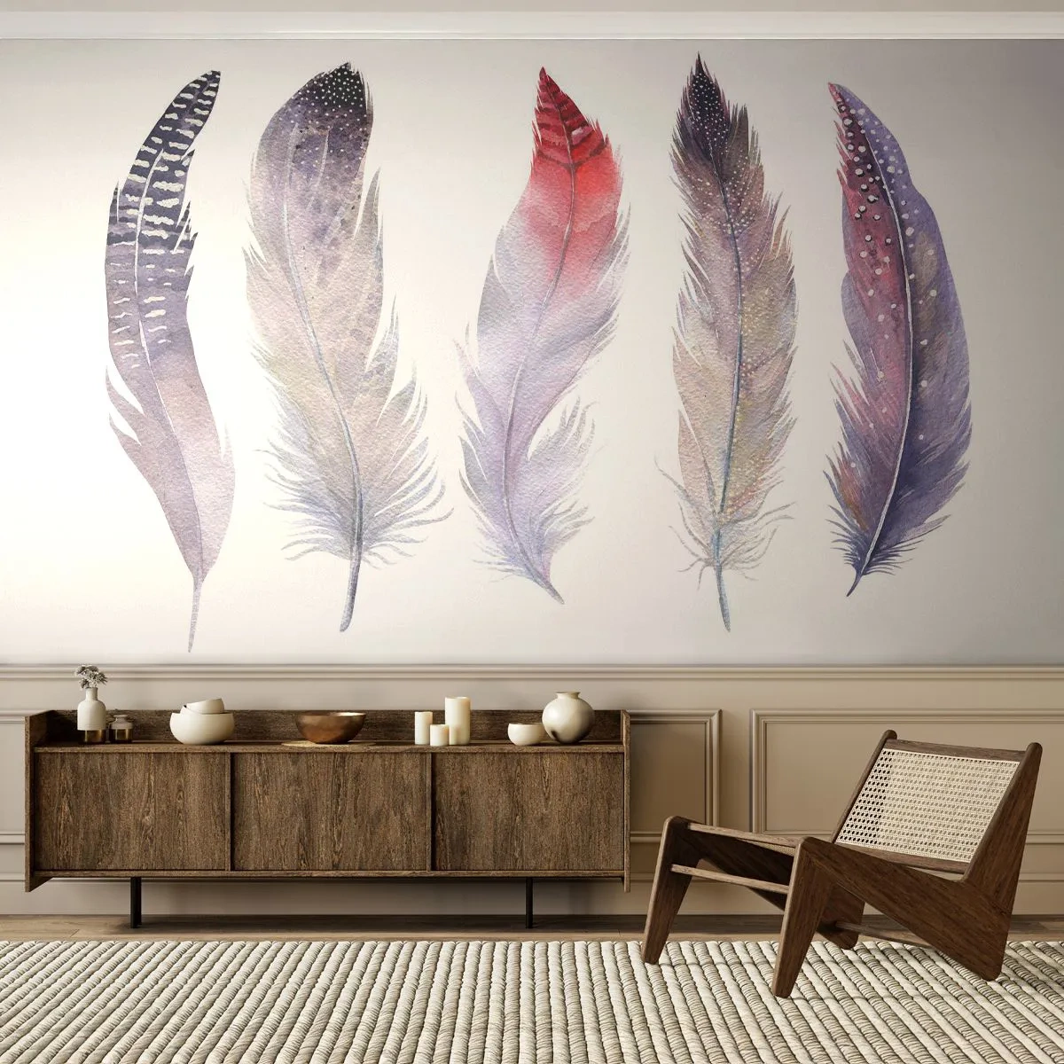 Tapet Premium Canvas - Delicate ca o ceață multicoloră - Pene de pasăre, Boho, Grafică - 450x315 cm