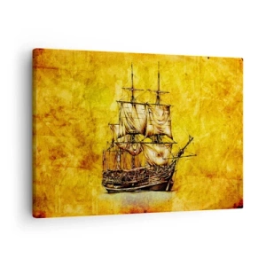 Tablou pe pânză Canvas - Un desen stilizat al unei nave cu pânze pe fundal auriu, cu un aspect vintage. - 70x50cm - Ne îndreptăm spre Tortuga! - Decorațiune modernă pentru perete pentru living și dormitor ARTTOR