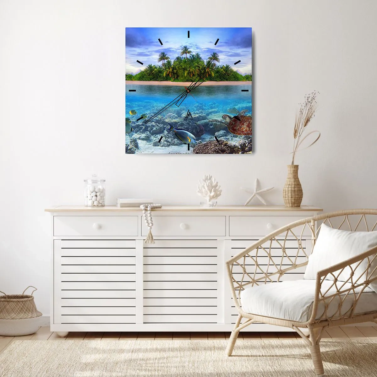 Ceas de perete - Ceas pe sticlă - Insula paradisiacă vă invită - 30x30 cm