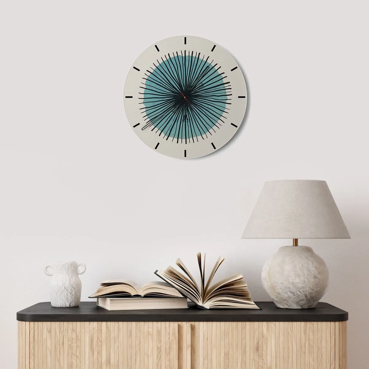 Ceas de perete - Ceas pe sticlă - Motiv abstract cu un cerc albastru și linii negre - 30x30cm - Radiant pe albastru - Decorațiune modernă pentru perete pentru living, bucătărie și dormitor ARTTOR