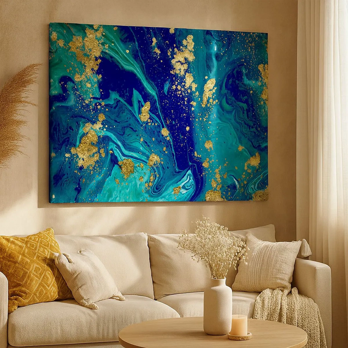 Tablou pe pânză Canvas - O compoziție abstractă cu accente albastre, verzi și aurii. - 70x50cm - Petale de soare - Decorațiune modernă pentru perete pentru living și dormitor ARTTOR