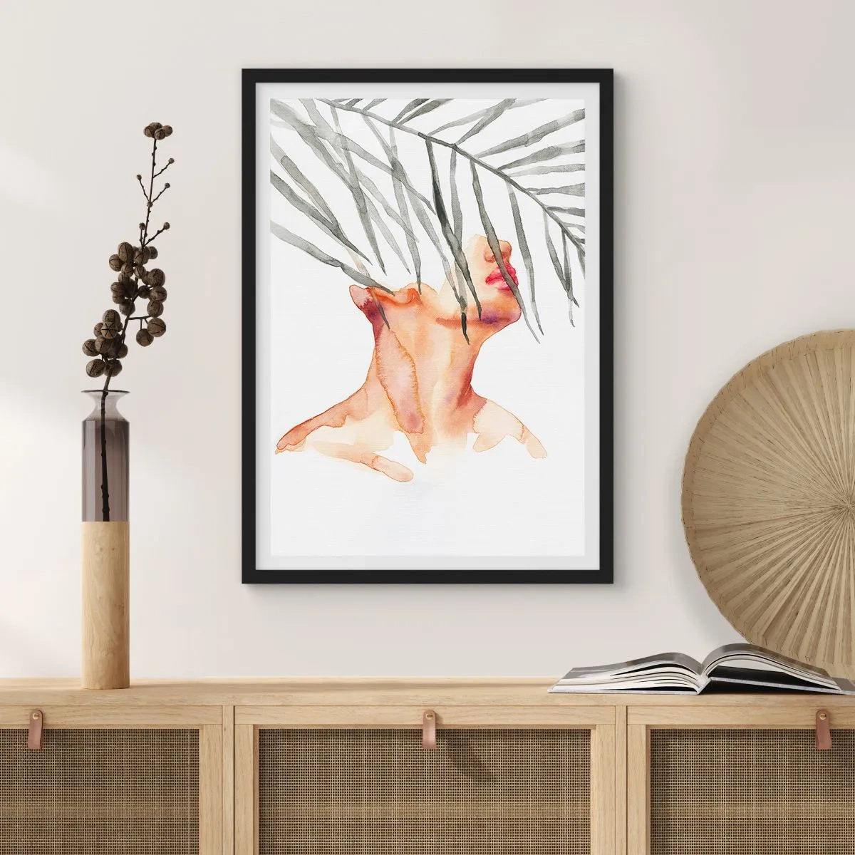 Poster în ramă neagră - Femeie în acuarelă cu frunze de palmier acoperindu-i fața - 50x70cm - Simțiți pulsul tropicelor - Decorațiune modernă pentru perete pentru living și dormitor ARTTOR